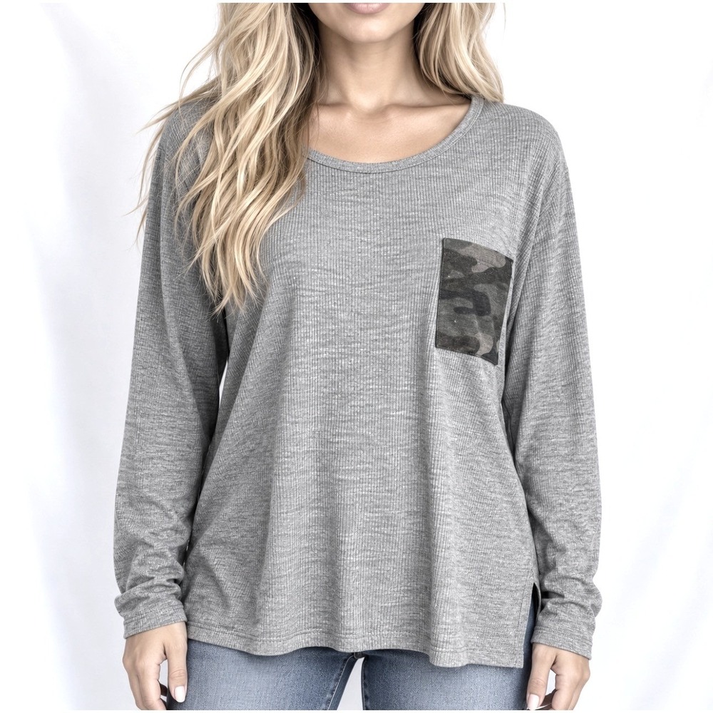 First Love Waffle Knit Top Medium Gray Good Camo Pocket Thermal Long Sleeve